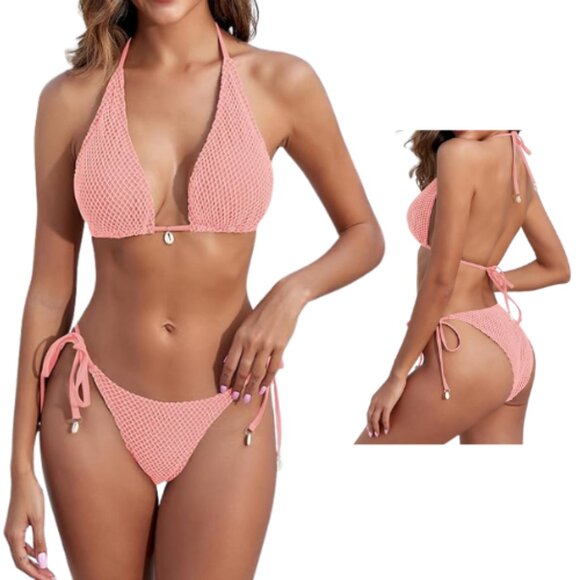 ZAFUL Women's Fishnet Triangle Bikini Set – Pink, Size Small (NWOT) - Picture 1 of 2